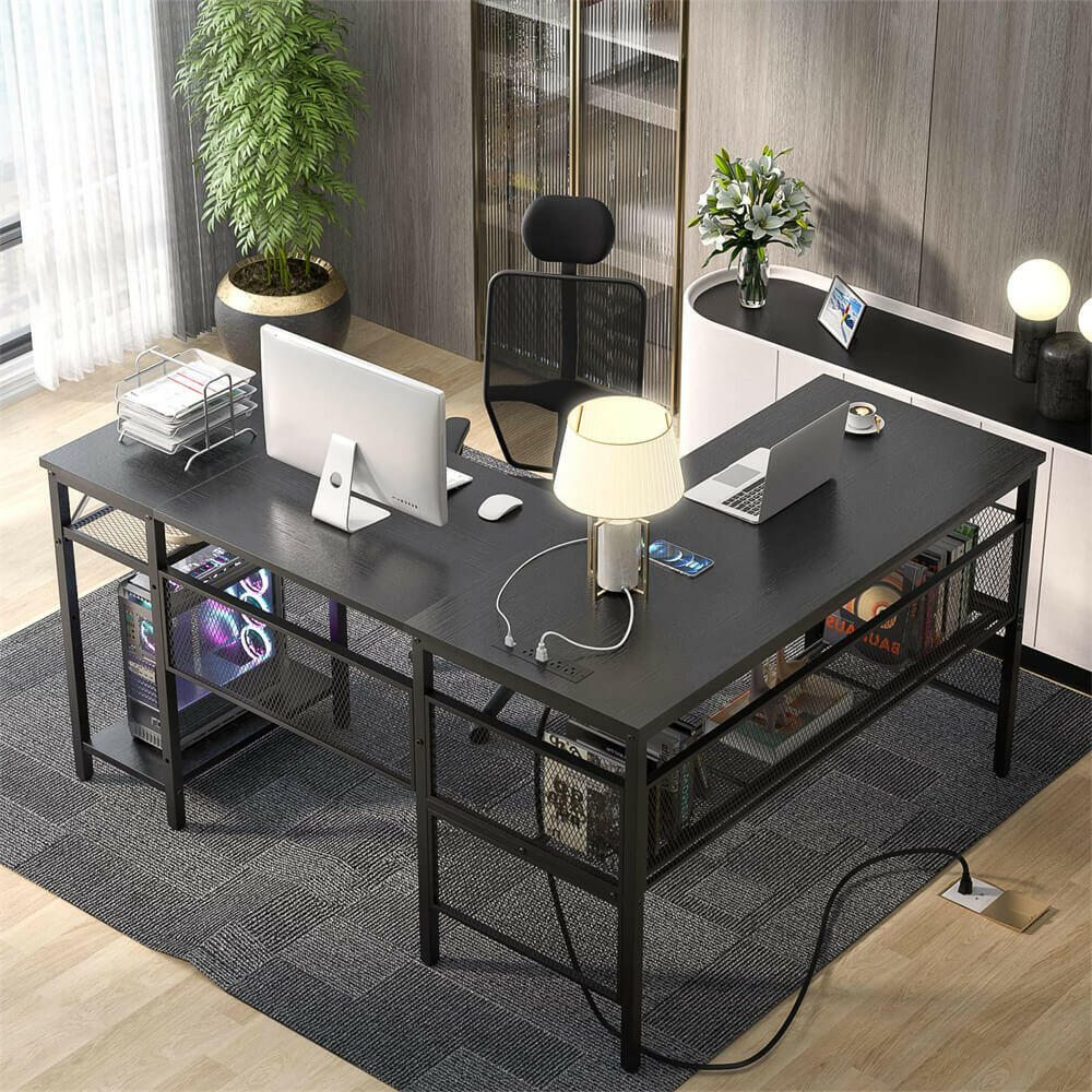 Unikito L Shaped Computer Desk with Power Outlet and USB Charging Port, Reversible L-Shaped Office Desks with Storage Shelves, Unique Grid Design, 2 Person Corner Desk for Home Office