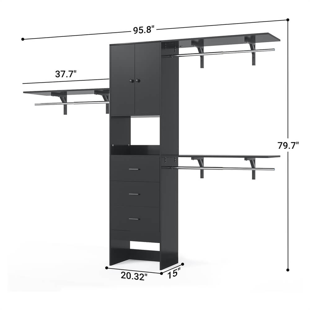 96 Inch Closet System with 3 Wood Drawers, 8FT Closet Organizer with Doors and 3 Shelve Towers, 1000 LBS Load, 96" L x 16" W x 75" H