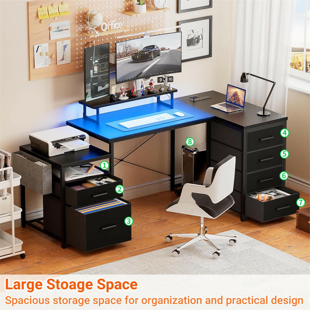 Unikito 70.8" Reversible L Shaped Computer Desk with Fabric File Drawers, Corner Desk with RGB LED Lights & Power Outlets & Monitor Stand, Large Gaming Desk for Home Office Workstation