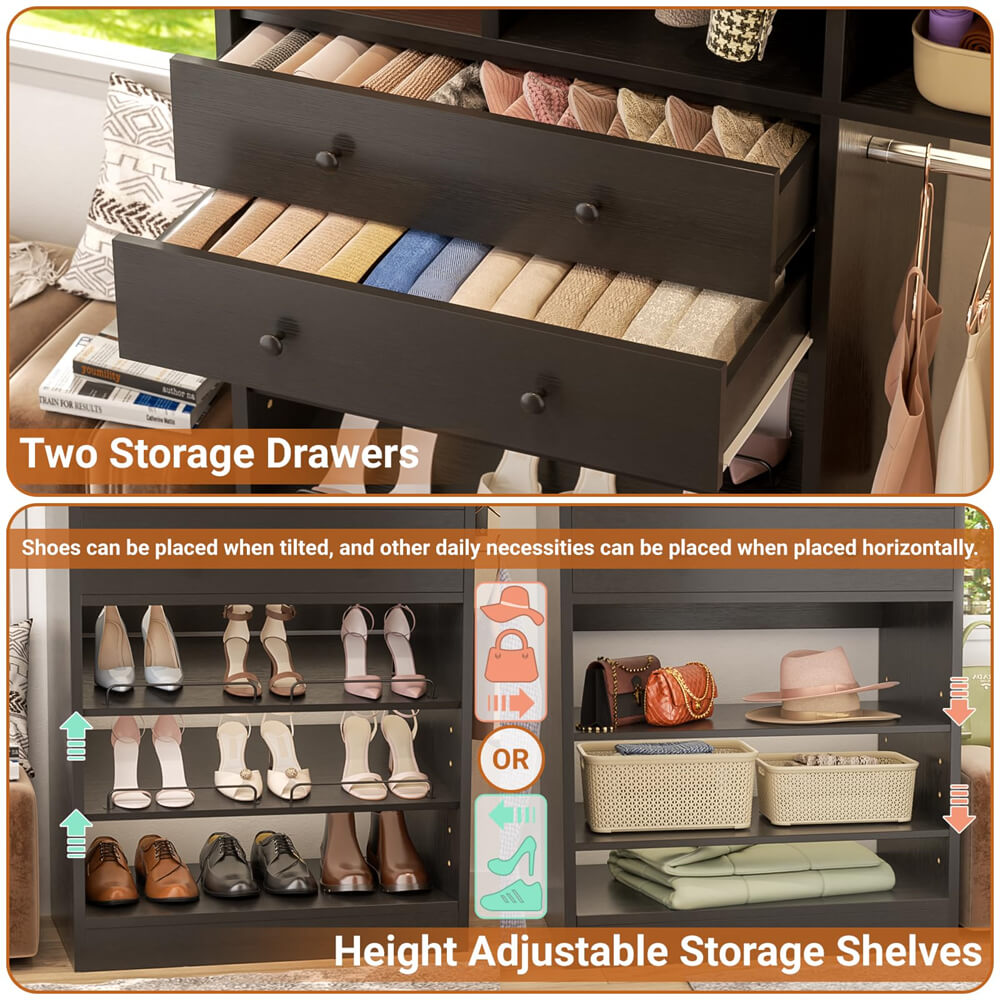 5FT Closet System with 2 Wood Drawers, 2 Hanging Rods & Shelf Towers, Reversible, Wall-Mount