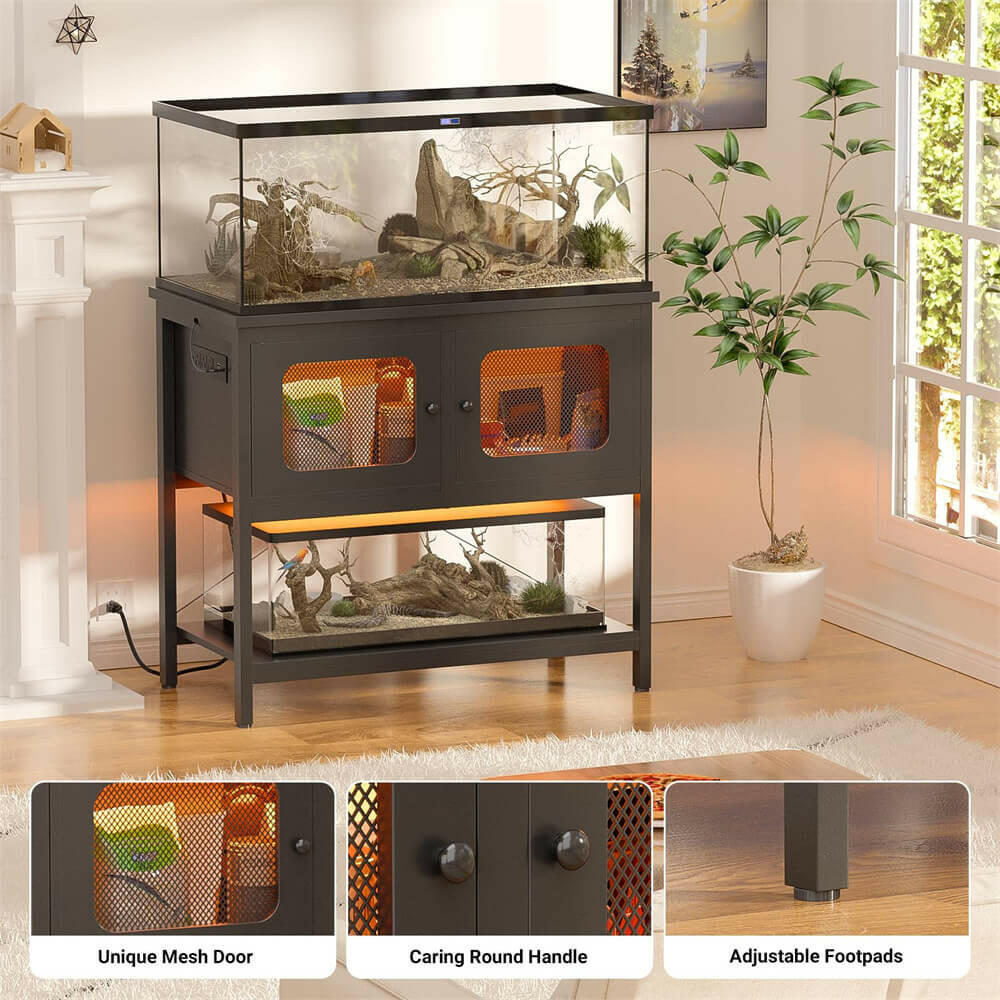 Unikito 40 Gallon Fish Tank Stand with LED Light and Outlet, Metal Aquarium Stand with Cabinet and Accessories Storage, Reptile Tank Turtle Terrariums Table Stand Hold 880LBS and 2 Aquariums