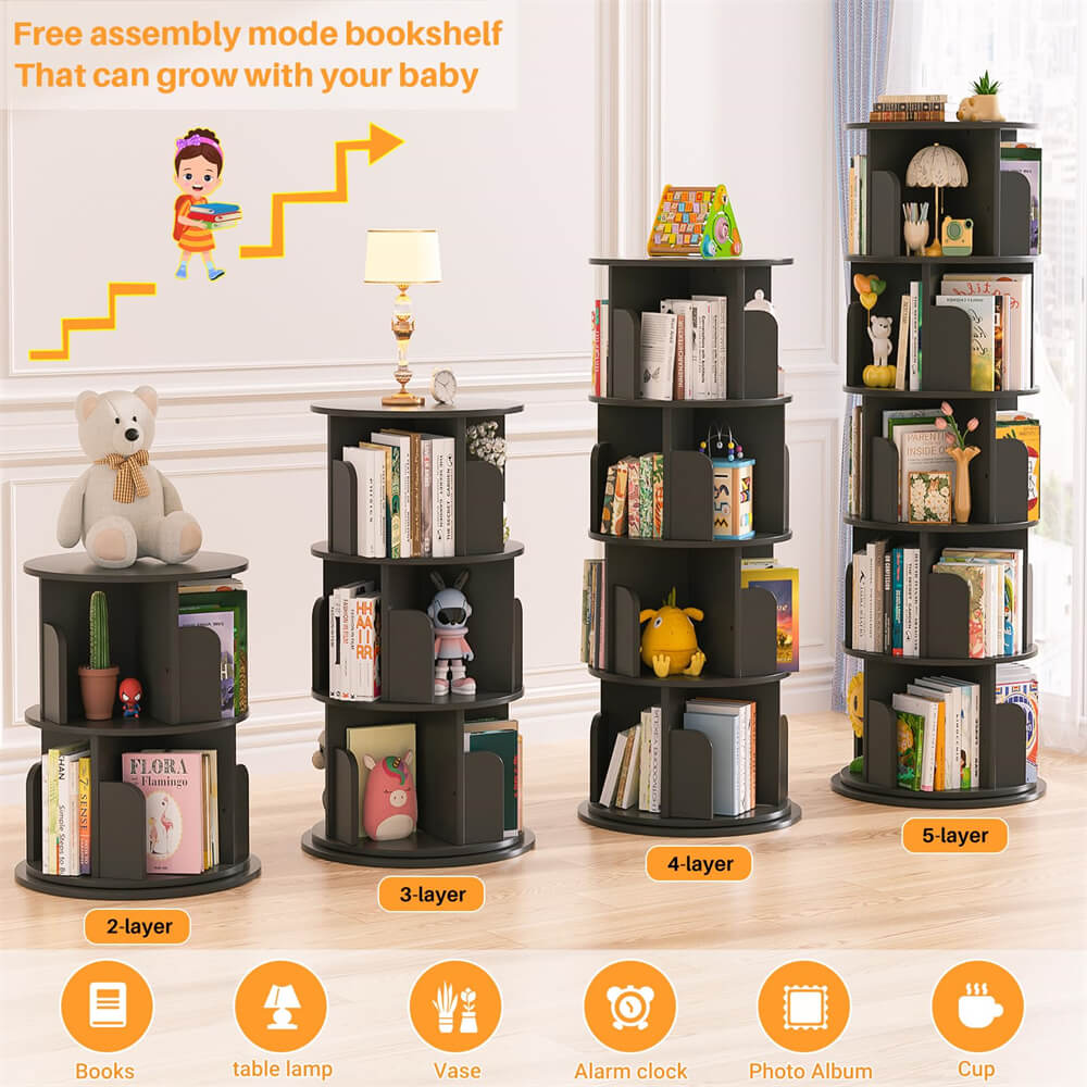 5-Tier Rotating Bookshelf, Wooden Spinning Bookshelf Tower, Suitable for Small Spaces Such as Bedroom, Stury Room