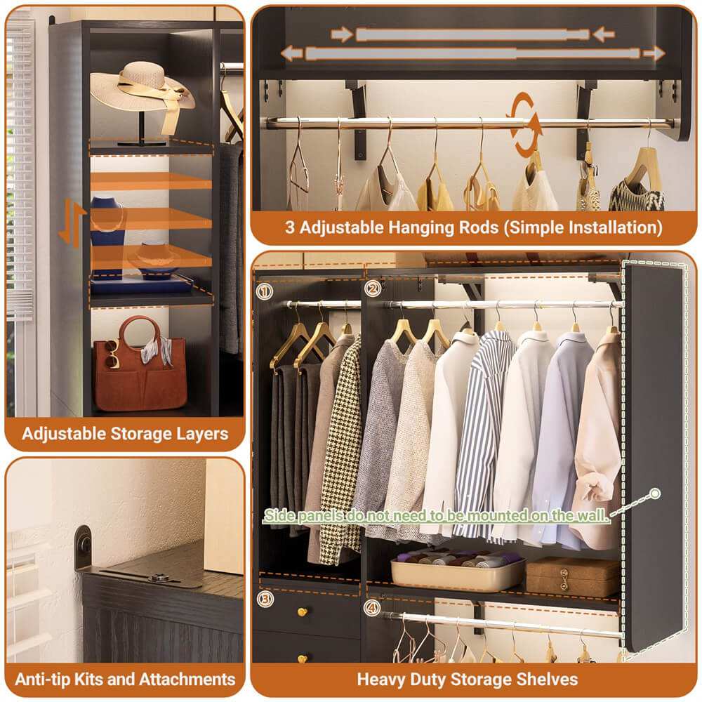 Closet System with Corner, 90.5 Inch Wooden Closet Organizer System with Drawers, Hanging Rods and Shelves