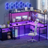 Unikito L-Shaped Desk with Power Outlet and LED Strip, 63” L Shaped Computer Corner Desk with Reversible File Drawer and Monitor Stand, Gaming Table Writing Desk for Home Office Workstation