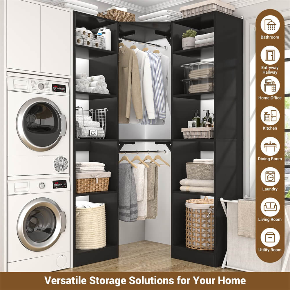 40 Inch L Shaped Corner Closet System, with 12 Shelves, 2 Hanging Rods, 6-Tier Design