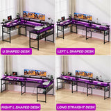 Unikito U Shaped Computer Desks, Reversible Office Desk with LED Strip and Power Outlets, L Shaped Table with Full Monitor Stand and Storage Shelves, 83 Inch Large U- Shape Gaming Desk