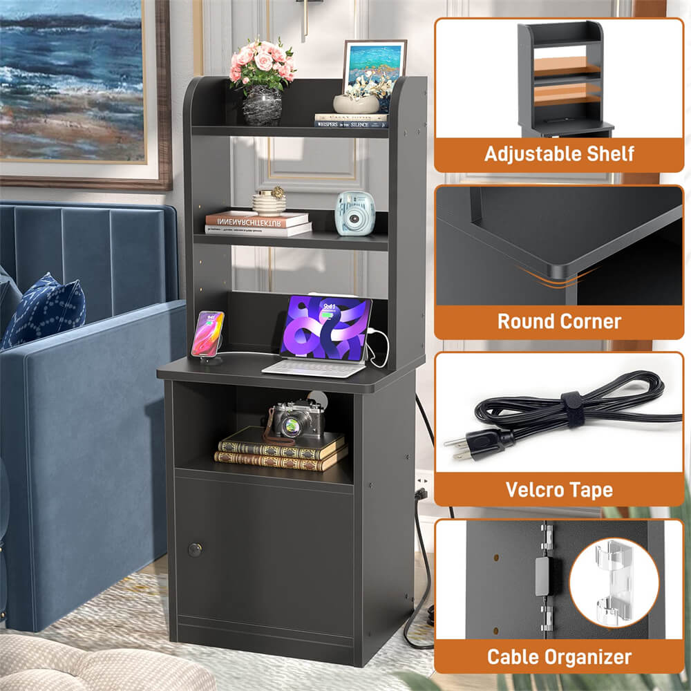 Tall Nightstand with Charging Station and LED Lights, 47 inch Height, with Bookshelf and Storage Cabinet