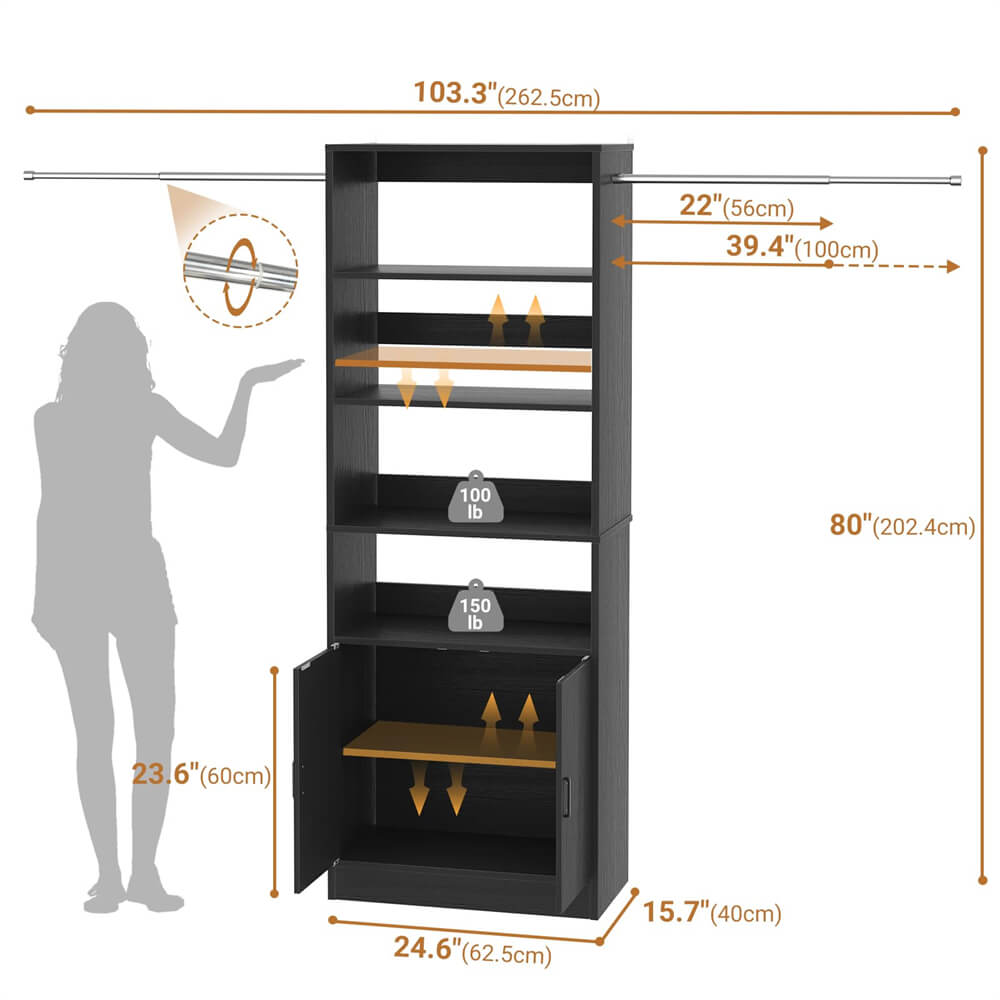 8FT Wooden Clothes Organizer System with Door, Storage Shelves, and Hanging Rods