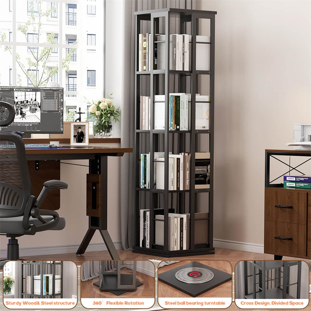 Wooden & Metal Rotating Bookshelf, Corner Bookshelf, 360 Display, for Small Space, Bed Room, Study Room