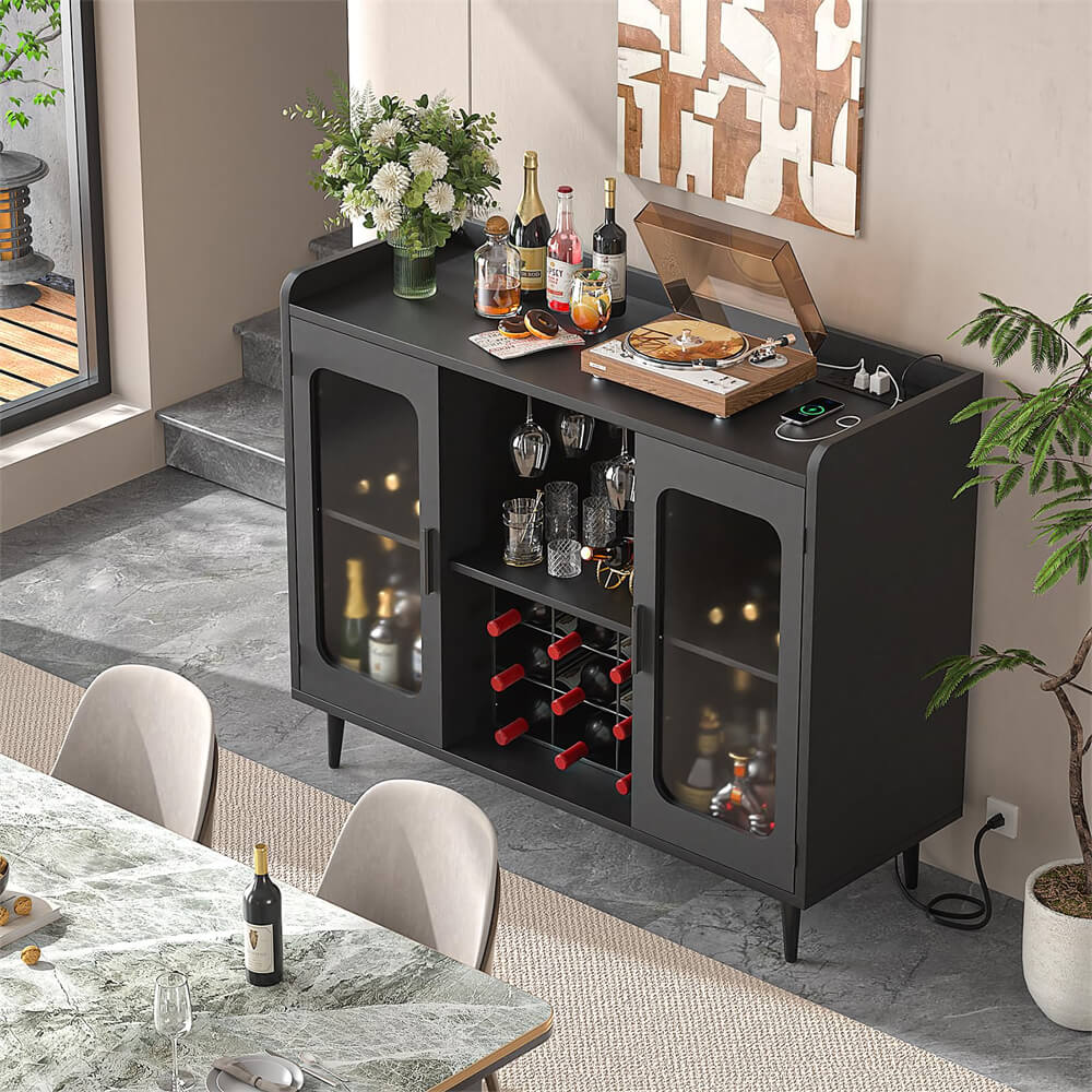 Unikito Wine Bar Cabinet with Power Outlet, Liquor Cabinet Bar with LED Light and Glass Holder, Home Coffee Bar Cabinet, Buffet Sideboard with Storage Shelf for Kitchen, Dining Room