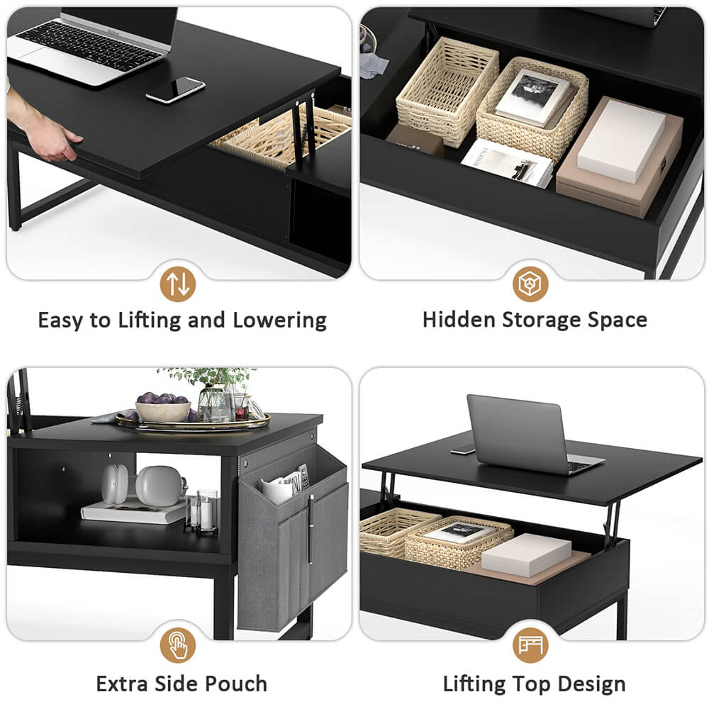 Lift Top Coffee Table with Storage, 43.3'' Height, with Side Storage Bag