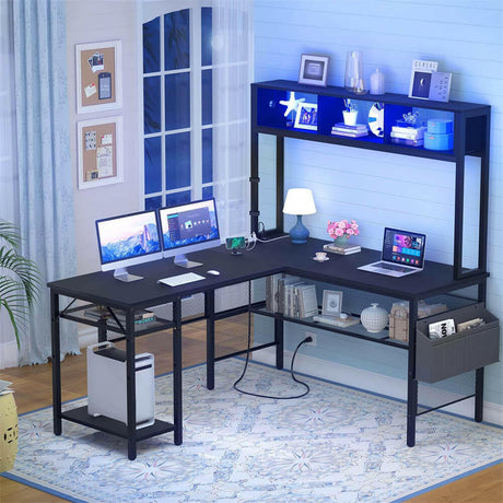 Unikito L Shaped Computer Desk with LED Strip and Power Outlets, Reversible L-Shaped Corner Desk with Storage Shelves and Bag, Industrial Home Office Desk Gaming Table with USB Port