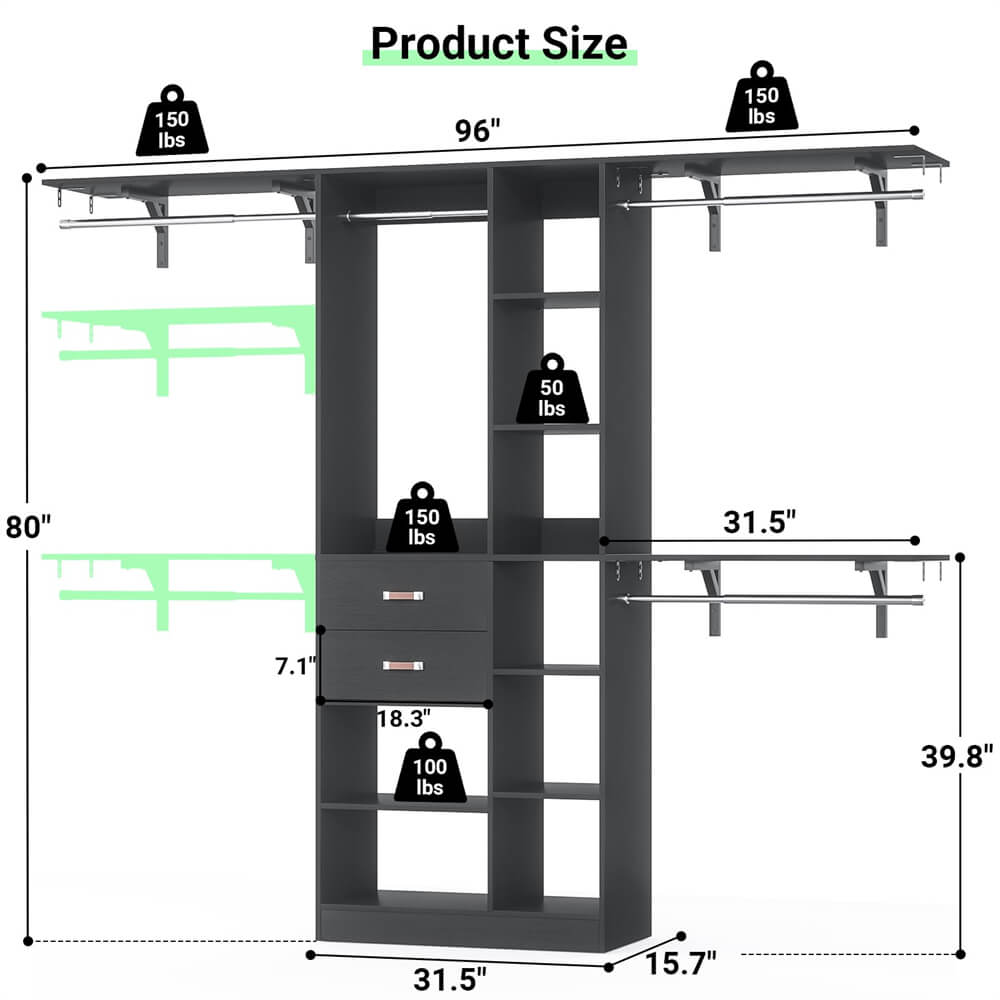 8FT Heavy Duty Closet Organizer System, Walk In Closet System with 13 Shelves and 2 Wood Drawers