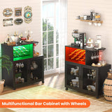 Unikito Wine Bar Cabinet with Wheels, Small Liquor Cabinet with LED Light, Home Bar Cart with Power Outlets, Coffee Bar with Wine Rack, Glasses Storage for Kitchen, Dining Room, Living Room