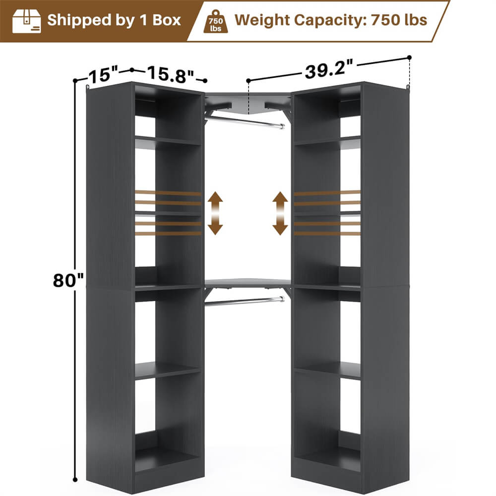 40 Inch L Shaped Corner Closet System, with 12 Shelves, 2 Hanging Rods, 6-Tier Design