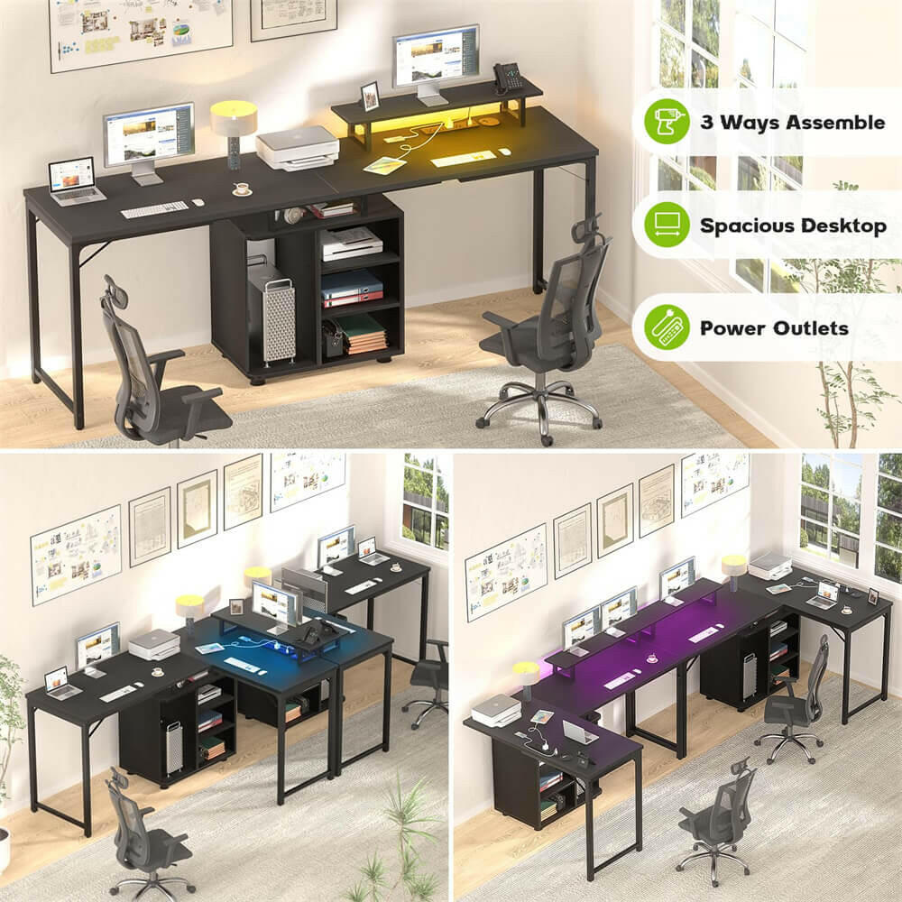 Unikito L Shaped Computer Desk, 58'' Reversible Gaming Desk with LED Strip & Adjustable Monitor Stand, Office Desk with Cabinet & Power Outlets, Corner Desk 2 Person Long Writing Study Table
