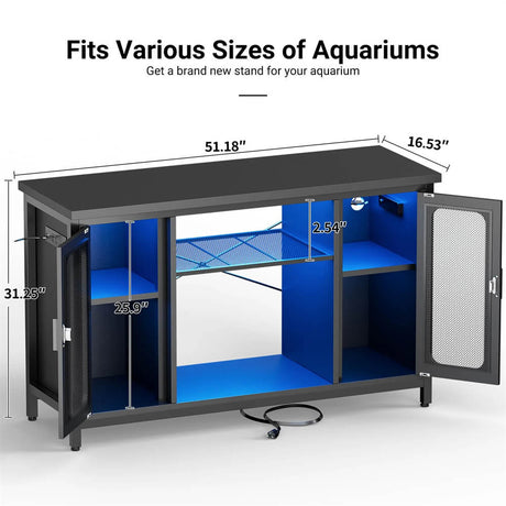 Unikito Reptile Tank Stand Fish Tank Stand with Power Outlets & LED Light, 55-75 Gallon Reversible Terrarium Stand with Cabinet, Metal Aquarium Stand for Reptile Terrarium, Turtle Tank