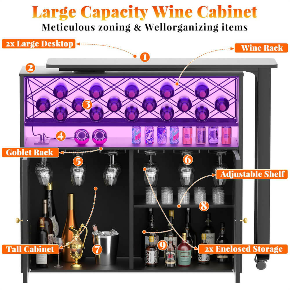 Unikito Rotating Wine Bar Cabinet, Tall Home Bar with LED Lights & Power Outlets, Liquor Bar Cabinet with Wine Rack & Glass Holder, Corner Bar Cabinet with Storage & Doors, Home, Dining Room