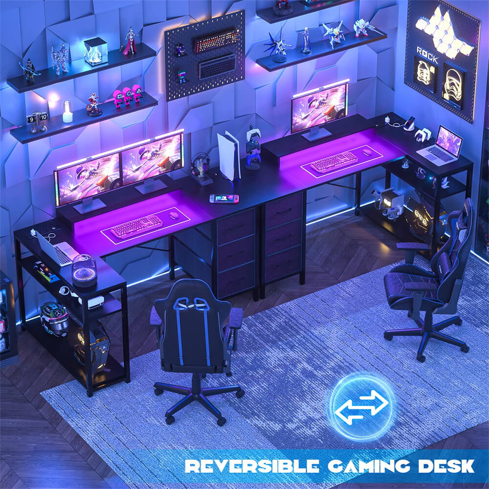 53 Inch L Shaped Computer Gaming Desk with Power Outlets & LED Lights, Corner Desk with 3 Fabric Drawers and Shelves, Reversible