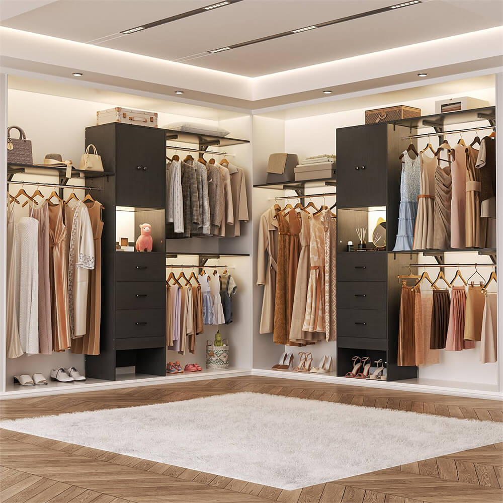 96 Inch Closet System with 3 Wood Drawers, 8FT Closet Organizer with Doors and 3 Shelve Towers, 1000 LBS Load, 96" L x 16" W x 75" H