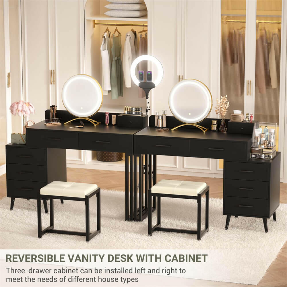 Unikito Vanity Desk with Mirror and Lights, Modern Makeup Vanity Table Set with 6 Storage Drawers and Cushioned Stool for Bedroom, Dressing Table with Divided Organizers for Women Girls