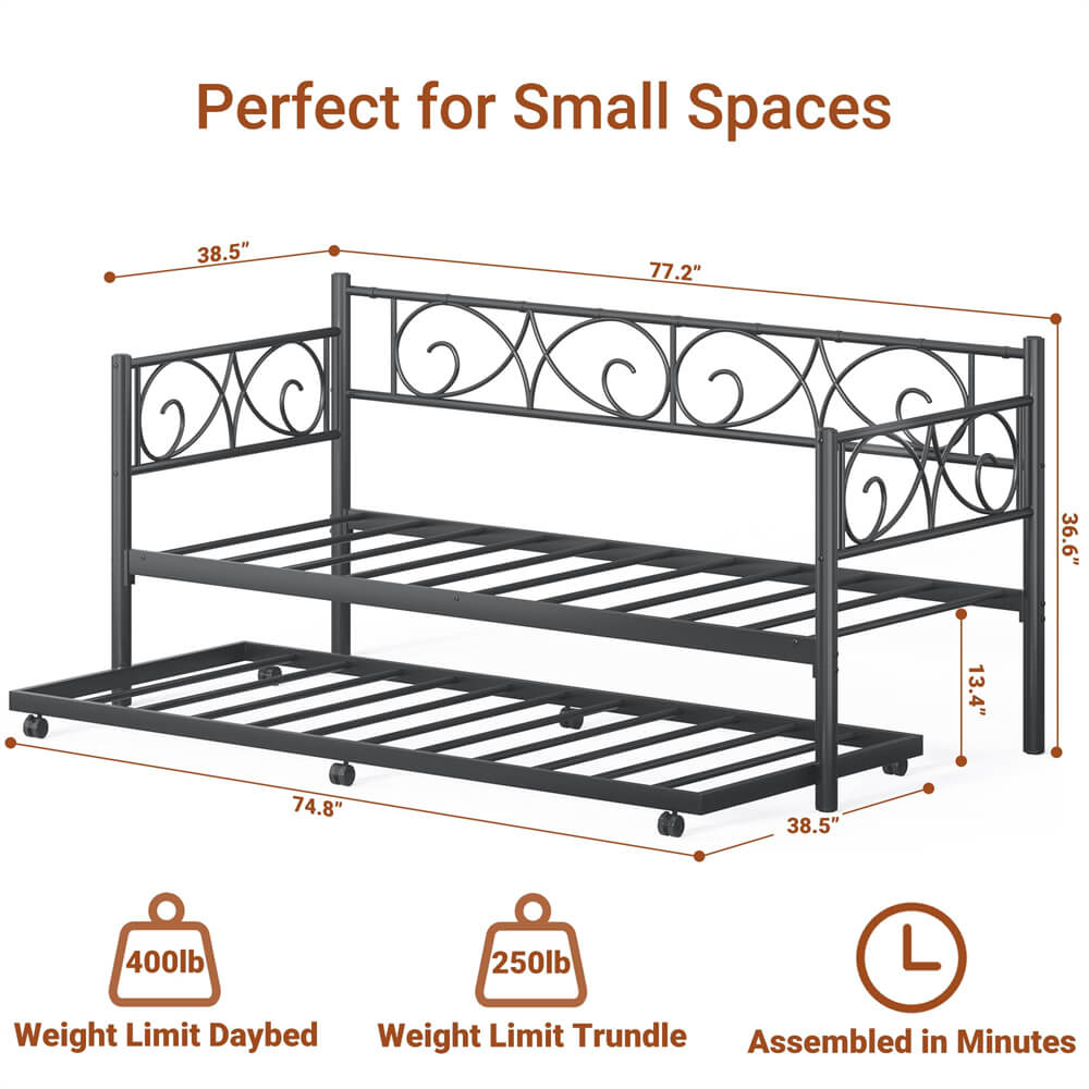 Twin Daybed with Trundle and Headboard, Sofa Bed(Mattress Not Included), 660 LBS Load Weight