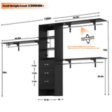 10FT Closet System with 3 Drawers, Walk In Closet Organizer with 3 Shelf Towers, 120" L x 16" W x 75" H, Max Load 1300 LBS