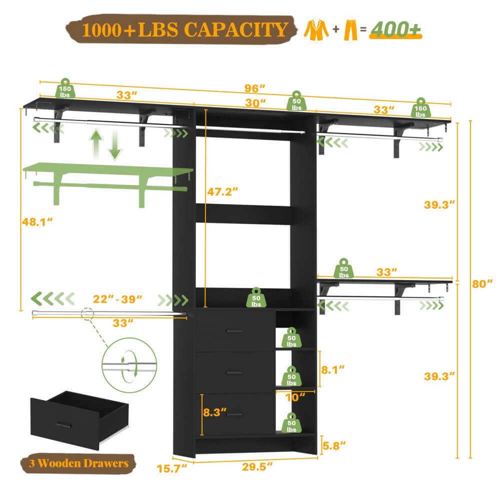 96 Inch Heavy Duty Walk In Closet System with 3 Wooden Drawers and 4 Adjustable Hanging Rods, Fits 5.3-9 ft