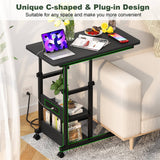 2-Tier Height Adjustable C Shaped End Table with Charging Station, with USB Ports and Wheels