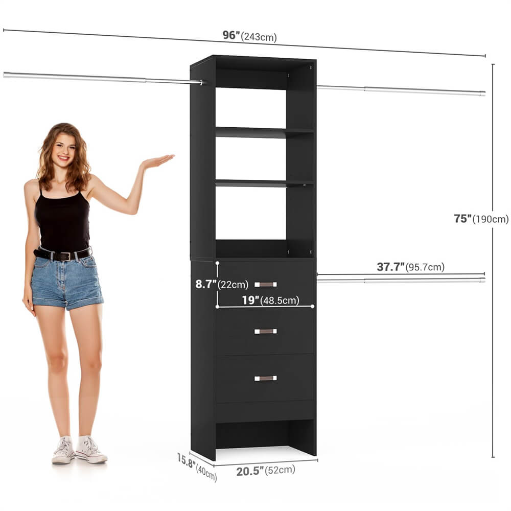 96 inch Closet Organizer System with 3 Wood Drawers and 3 Hanging Rods, Freestanding, and Adjustable