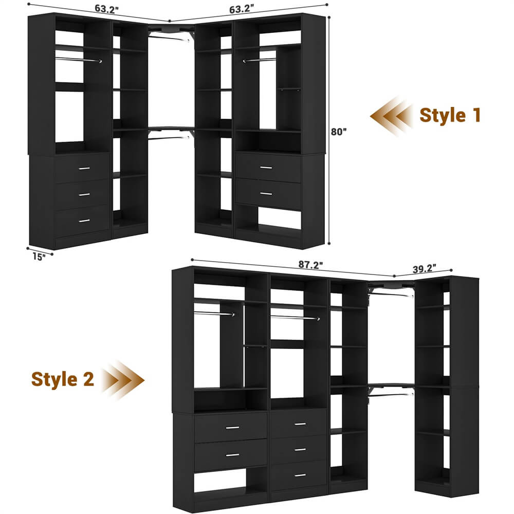 3-In-1 Freestanding Closet System, Closet Organizer with 5 Wood Drawers, 4 Hanging Rods, Reversible, 63.2"L x 63.2"W x 80"H, Load 2000+LBS