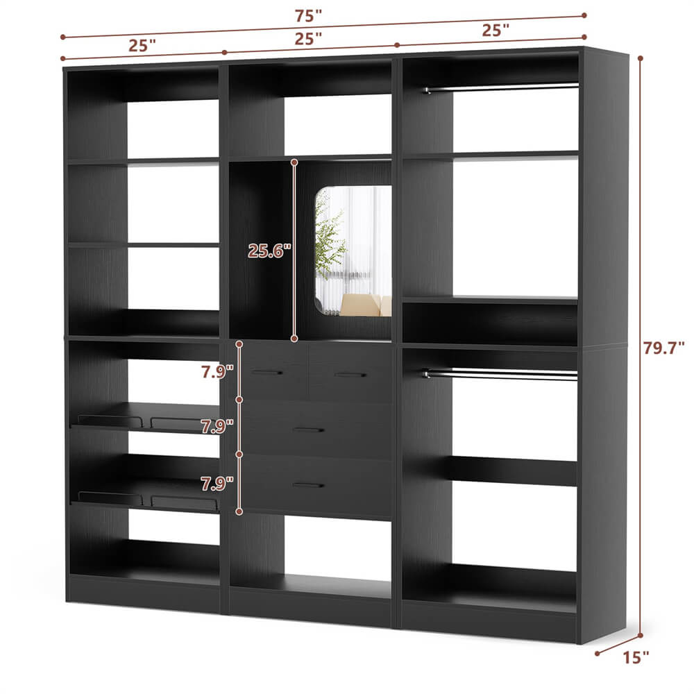 Unikito 75” Closet System with Drawers, Freestanding Closet Organizer with Hanging Rods and Shelves, Adjustable Clothes Garment Rack with Shoe Rack, Sturdy Walk-in Closet Set for Bedroom, Mudroom, Entryway