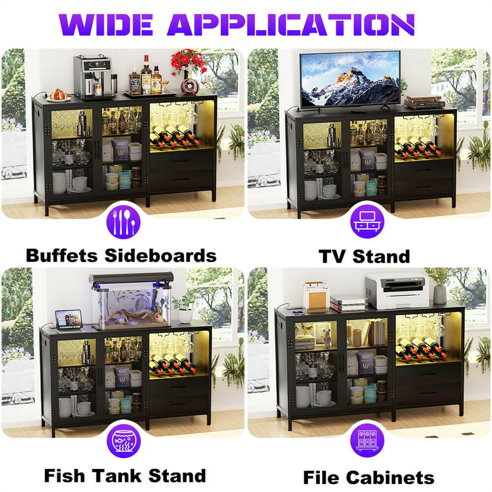 Unikito Wine Bar Cabinet with Charging Station and LED Lights, Liquor Cabinet Bar with Wine Rack, Industrial Sideboard Buffet with Drawers, Farmhouse Wood Mental Coffee Bar for Home, Kitchen