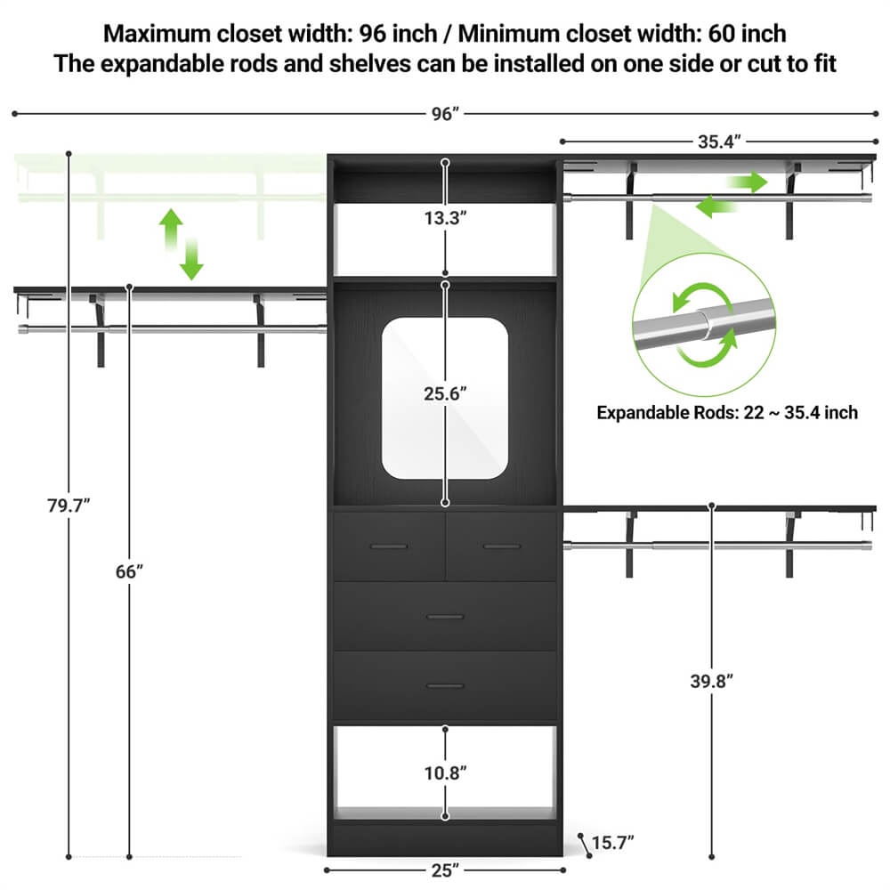 Unikito 96 Inch Closet Organizer System, 8FT Walk in Closet Insert with 25" Tower, 3 Hanging rods and Top Shelves, Heavy Duty Clothing Wardrobe with 4 Drawers and Mirror, Max Load 1000 LBS