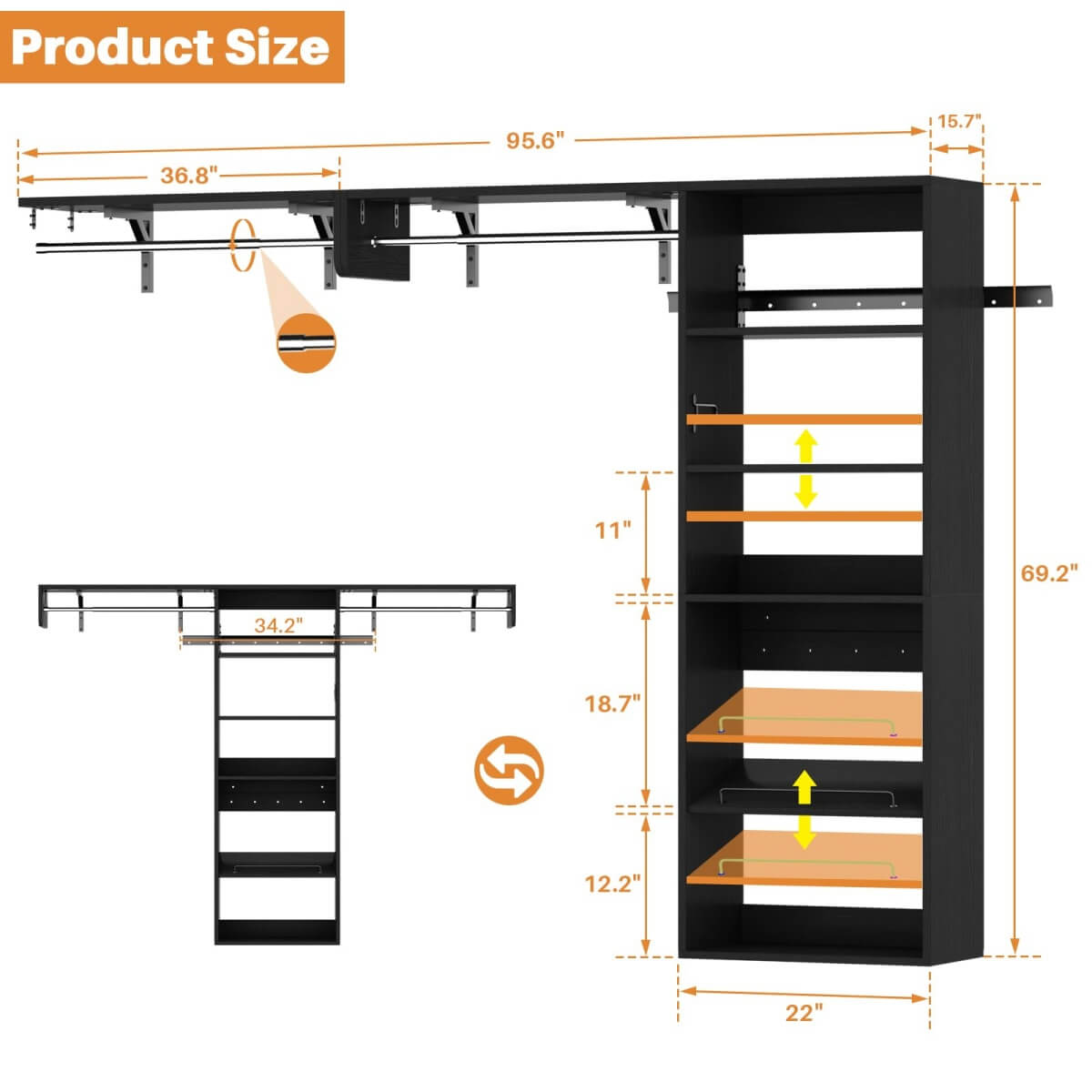 8FT Over Washer and Dryer Storage Shelf, Wall Mounted Laundry Room Organizer with Hanging Rods