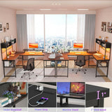 Unikito U Shaped Desk with Hutch, Reversible L Shaped Computer Desk with Power Outlets and LED Strip, Large Office Table with Monitor Stand and Storage Shelves, 83 Inch U Shape Gaming Desk