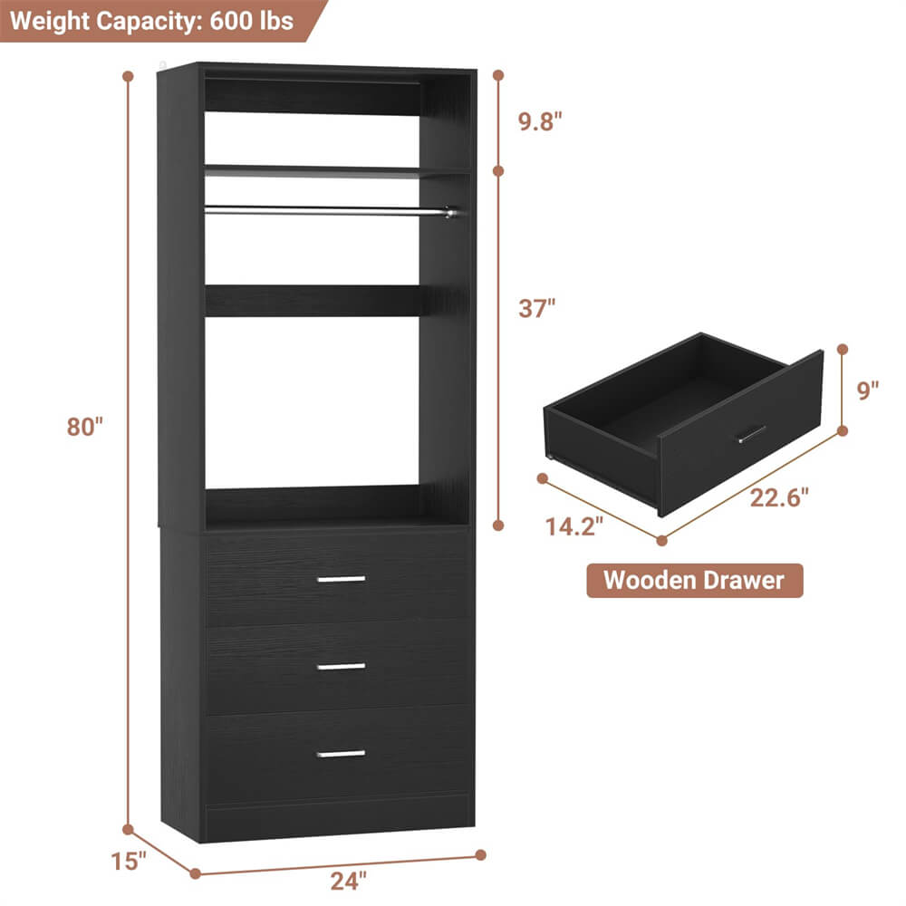 2FT  Freestanding Closet System with 3 Wood Drawers, Closet Organizer with Hanging Rod & Shelves, 24"L x 15" W x 80" H