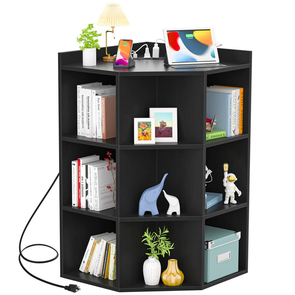 3-Tier Wooden Corner Storage Cabinet Bookshelf with Power Outlets and 9 Cubes