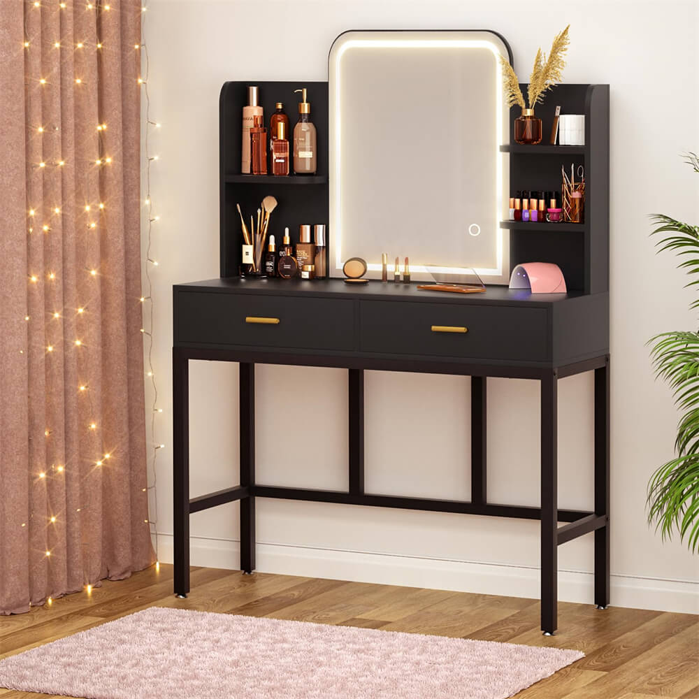 Vanity Desk with Lighted Mirror and 2 Wooden Drawers, Makeup Vanity Desk with 3 Shelves, for Bedroom