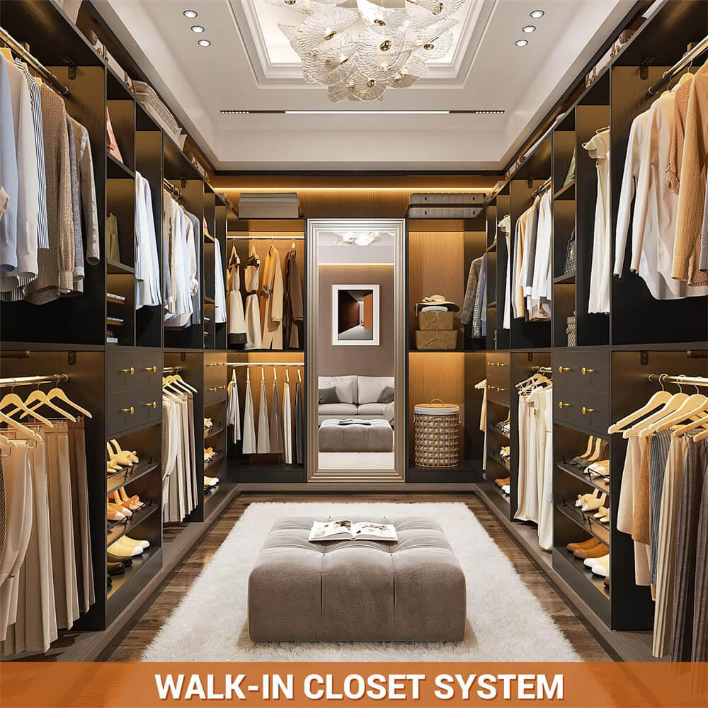 Closet System with Corner, 90.5 Inch Wooden Closet Organizer System with Drawers, Hanging Rods and Shelves