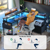 Unikito L Shaped Desk with Power Outlet and LED Strip, Reversible L Shaped Computer Desk with File Drawer, Corner Desk for Gaming Writing, Home Office Desk with Monitor Shelf