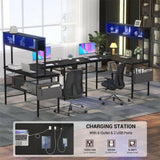 Unikito L Shaped Computer Desk with LED Strip and Power Outlets, Reversible L-Shaped Corner Desk with Storage Shelves and Bag, Industrial Home Office Desk Gaming Table with USB Port