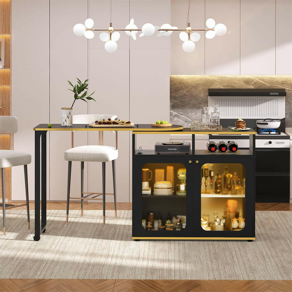 Unikito 360° Rotating Bar Cabinet, 59" Home Bar with LED Light & Charging Station, Double-Sided Foldable Liquor Wine Cabinet with Storage for Bar, Liquor, Coffee, Dining, Working