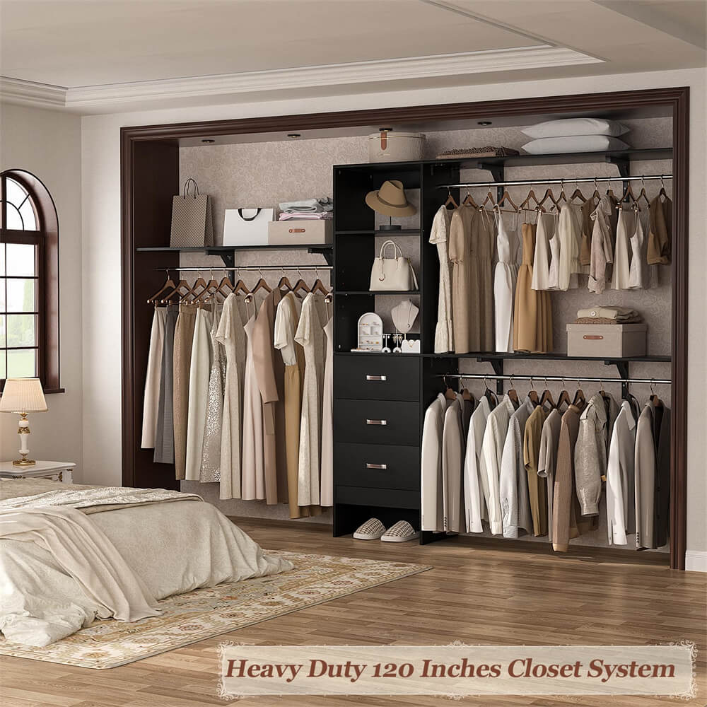 10FT Closet System with 3 Drawers, Walk In Closet Organizer with 3 Shelf Towers, 120" L x 16" W x 75" H, Max Load 1300 LBS