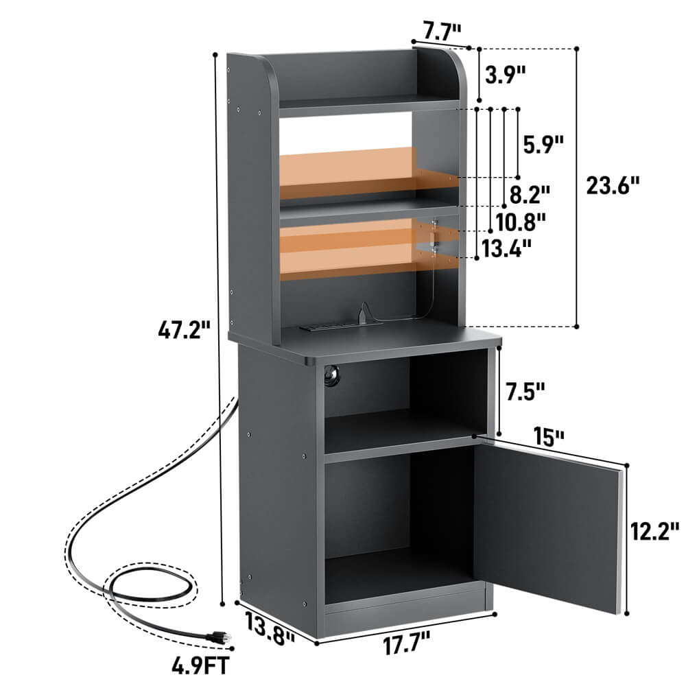 Tall Nightstand with Charging Station and LED Lights, 47 inch Height, with Bookshelf and Storage Cabinet