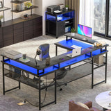 Unikito U Shaped Computer Desks, Reversible Office Desk with LED Strip and Power Outlets, L Shaped Table with Full Monitor Stand and Storage Shelves, 83 Inch Large U- Shape Gaming Desk