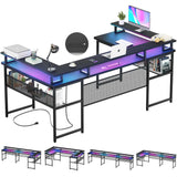 Unikito U Shaped Computer Desks, Reversible Office Desk with LED Strip and Power Outlets, L Shaped Table with Full Monitor Stand and Storage Shelves, 83 Inch Large U- Shape Gaming Desk