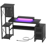 53 Inch Computer Desk with 2 Fabric Drawers, Reversible Home Office Desk with LED Lights, Power Outlets, Side Tall Shelf