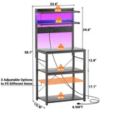 5-Tier Bakers Rack with Power Outlets, LED Lights, and Metal Hooks