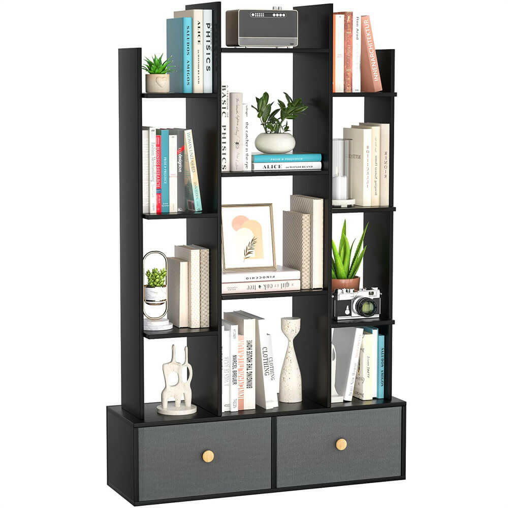 Unikito Book Shelf with 2 Drawers Free Standing Bookcase, Office Storage Shelf Organizer with 12 Open Bookshelf, Industrial Wood Book Case Display Rack for Bedroom, Living Room Home Office